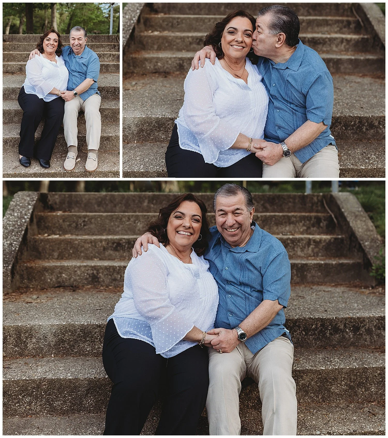 grandparents seated on concrete stairs embraced and grandpa is kissing grandma