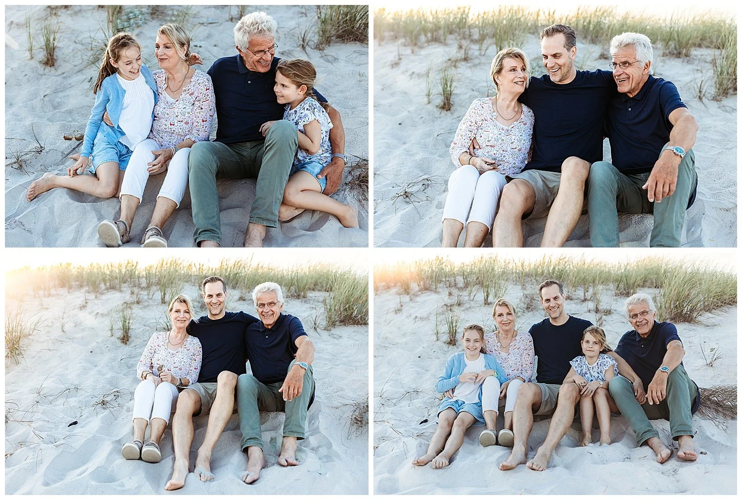 grandparents seated on the sand at the beach in front of a dune with son and granddaughters and they are laughing