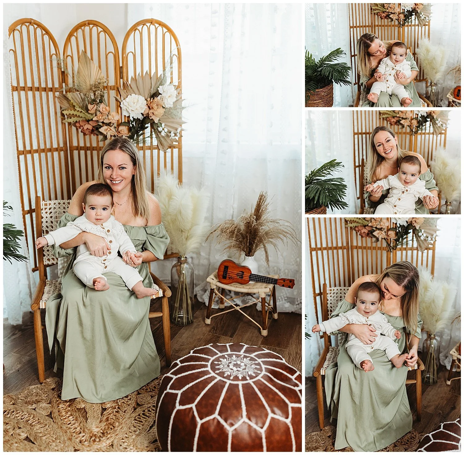 mother in ivory cottage core dress with baby boy in front of rattan room divider with boho florals