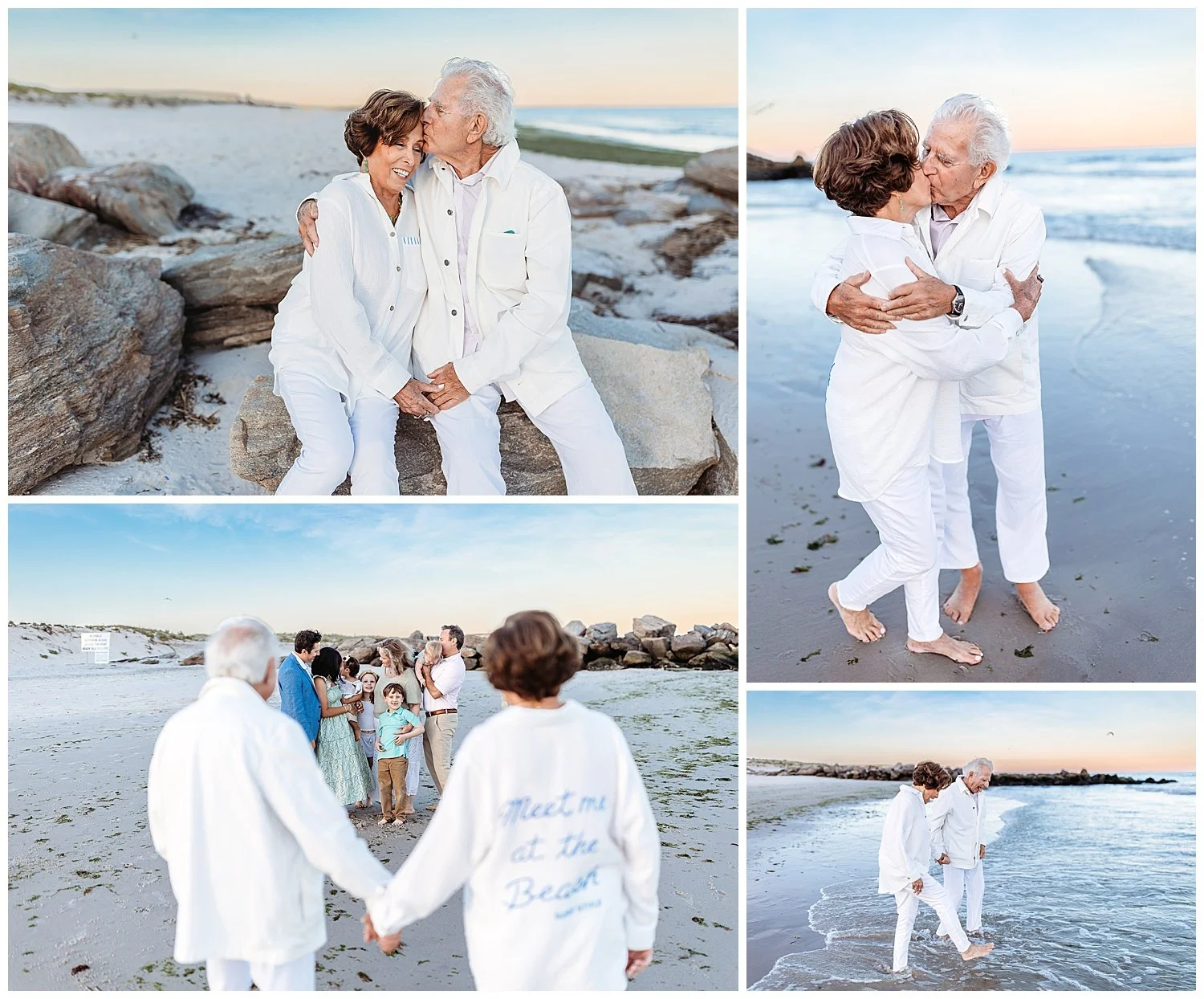 grandparents dressed in white embraced at the ocean