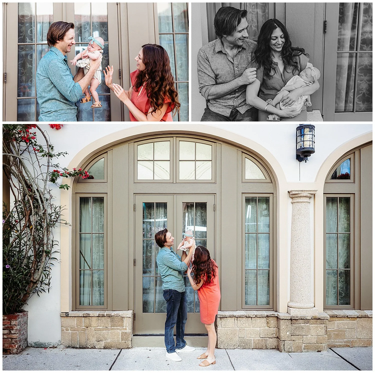 family holding baby in front of historic glass door in dwontown st augustine