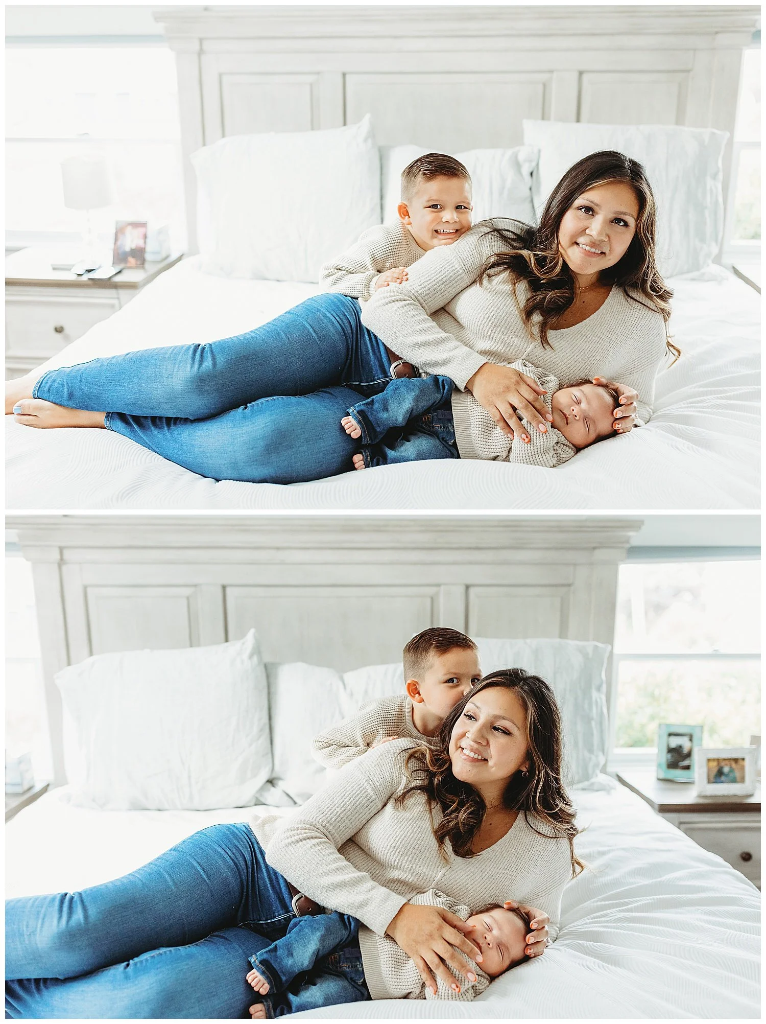 mother with toddler son and newborn baby laying on a white bed