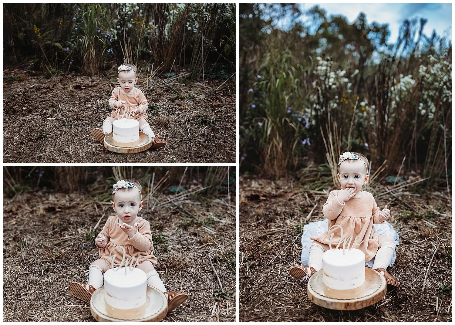 little girl in a wildflower field and she is eating a cake for her birthday