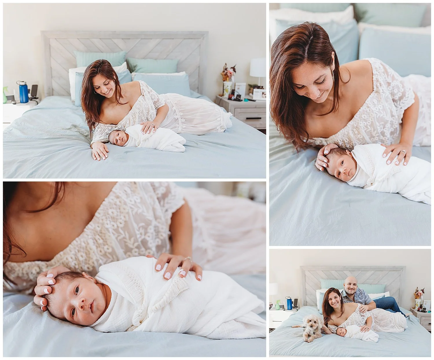 mother in ivory lace boho dress laying on a bed with swaddled baby in front of her and a terrier dog next to her she is looking at the baby smiling baby looking at camera white swaddle