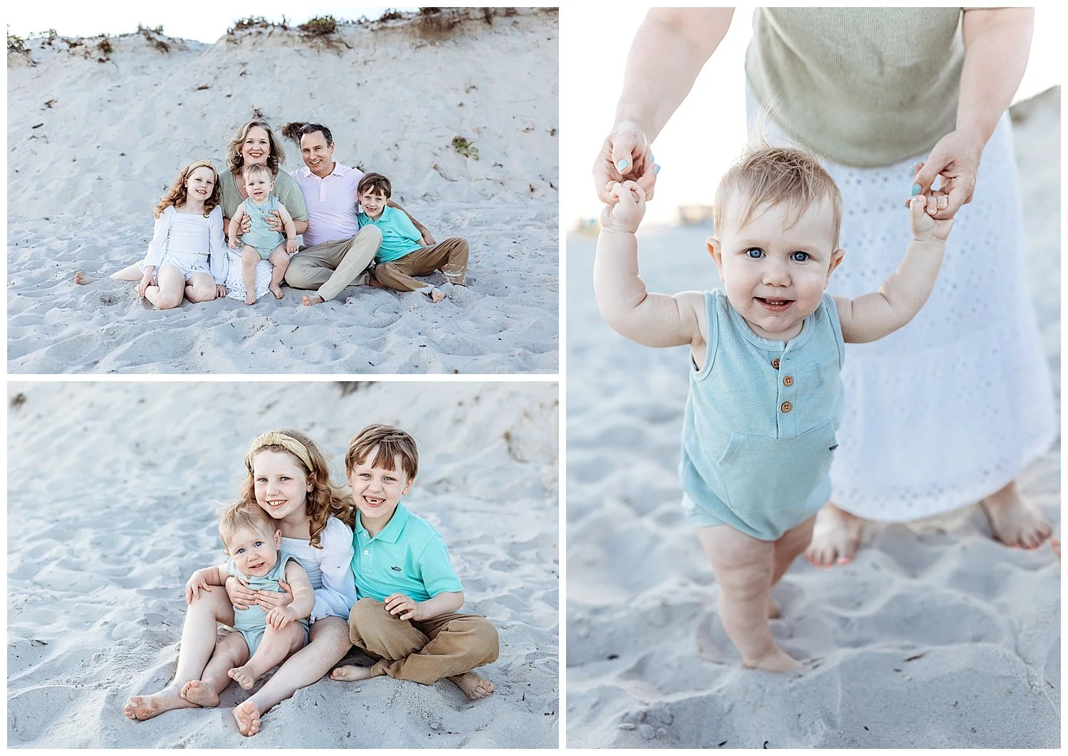 family in sage and white seated on the beach at sunset in front of a dune