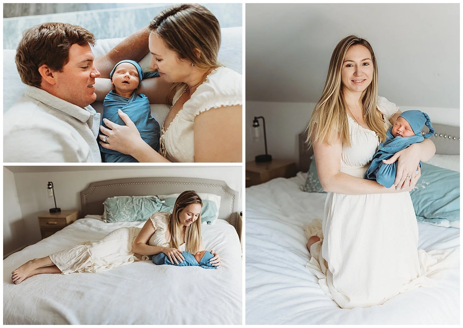 mother in ivory swiss dot dress on a white bed holding swaddled baby boy in blue jersey wrap