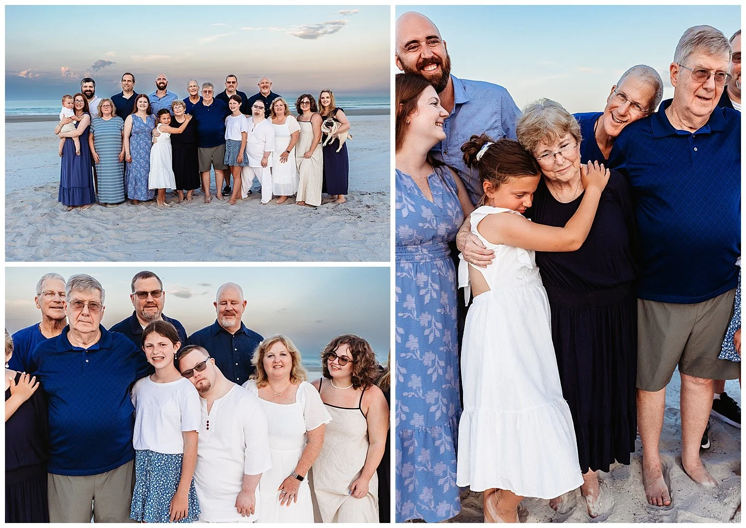 large group shot of a family at blue hour on the beach and a close up of a girl hugging her grandma also cousins together