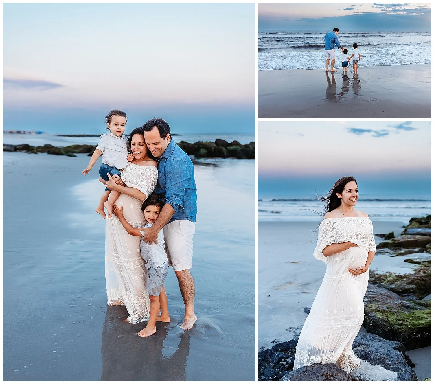 family embraced and kids laughing blue and pinnk blue hour sky ivory lace dress pregnant mom