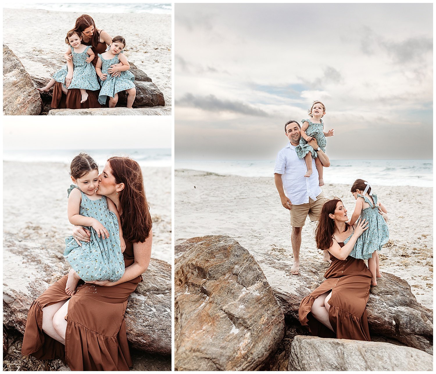 mother seated on a jetty in north eastern florida wearing warm brown and kissing toddler daughter in sage green dress cloudy sky and ocean