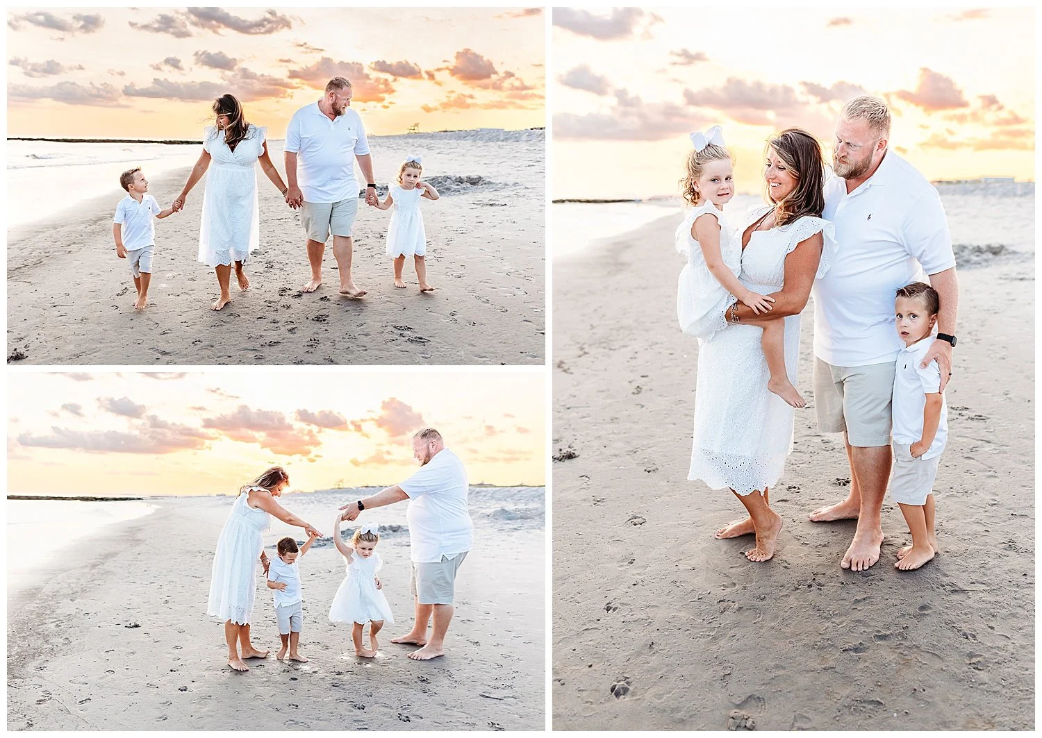 family in white and tan wlaking down shoreline at beach at sunset holding hands pink and orange sunset sky laughing looking at each other