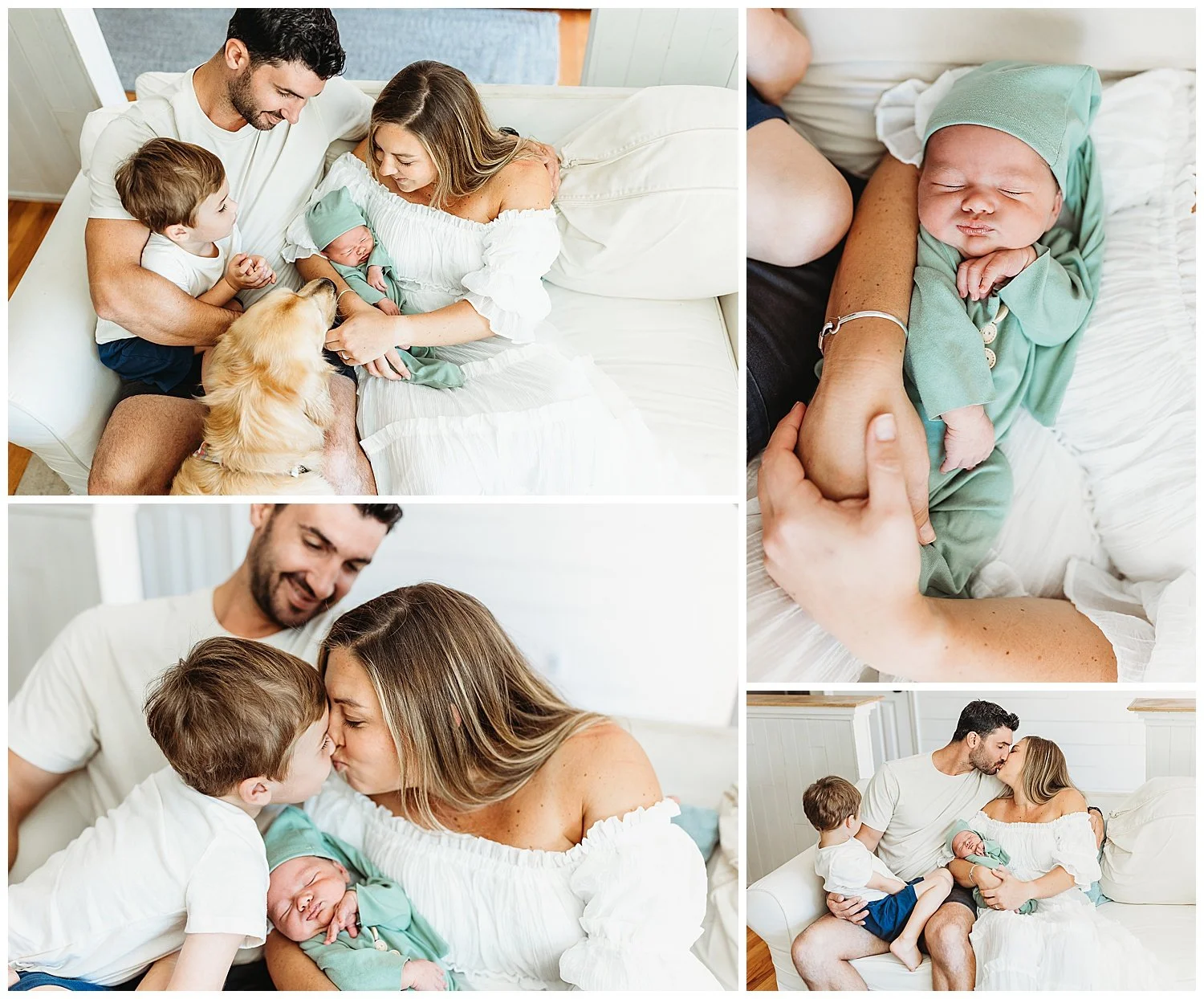 mom kissing toddler son while holding baby in sage green outfit and hat dad watches mom wearing boho white maxi dress in modern farmhouse