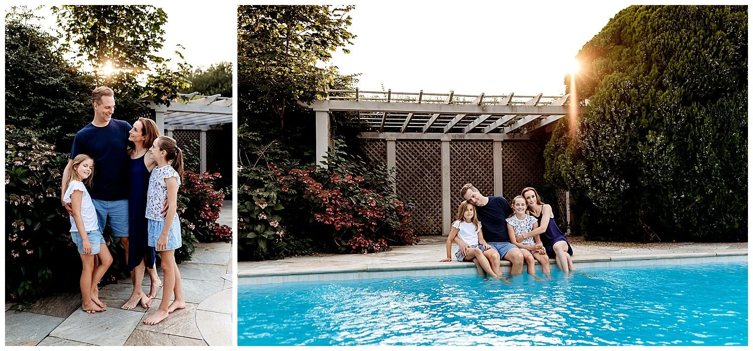 Family relaxing together by their backyard pool during a Jacksonville family photography session
