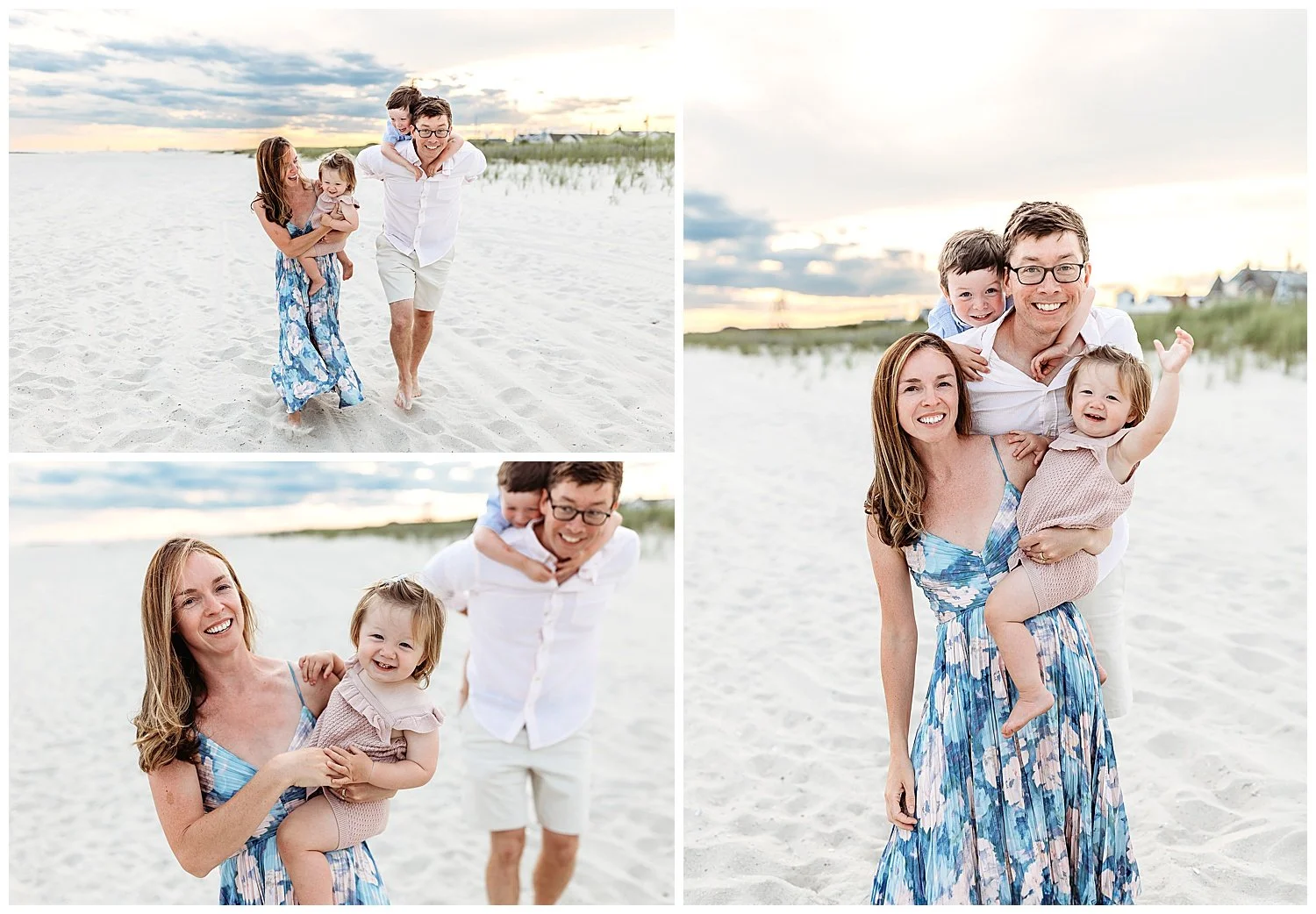 parents racing piggy back with toddlers on their back laughing beach at sunset