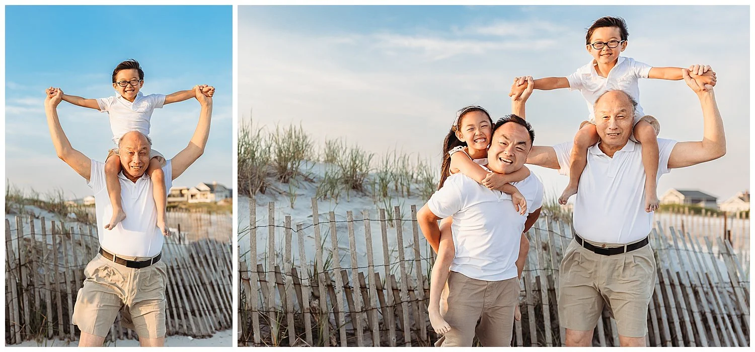 boy on grandpa's shoulders and daughter on dad's back and they are laughing