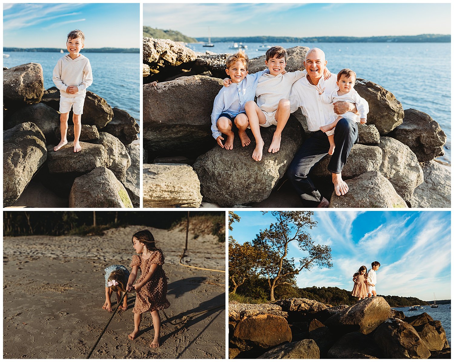 kids playing on rocks with grandparents watching during family photos