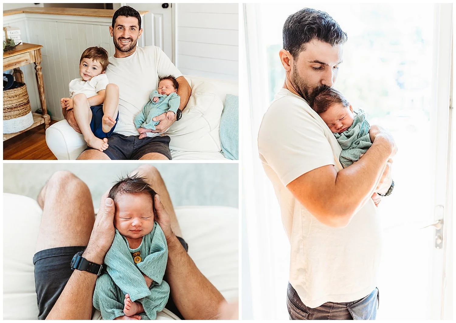 dad holding baby who is curled up on his chest in fornt of window baby on lap of dad smiling and hands around baby's face