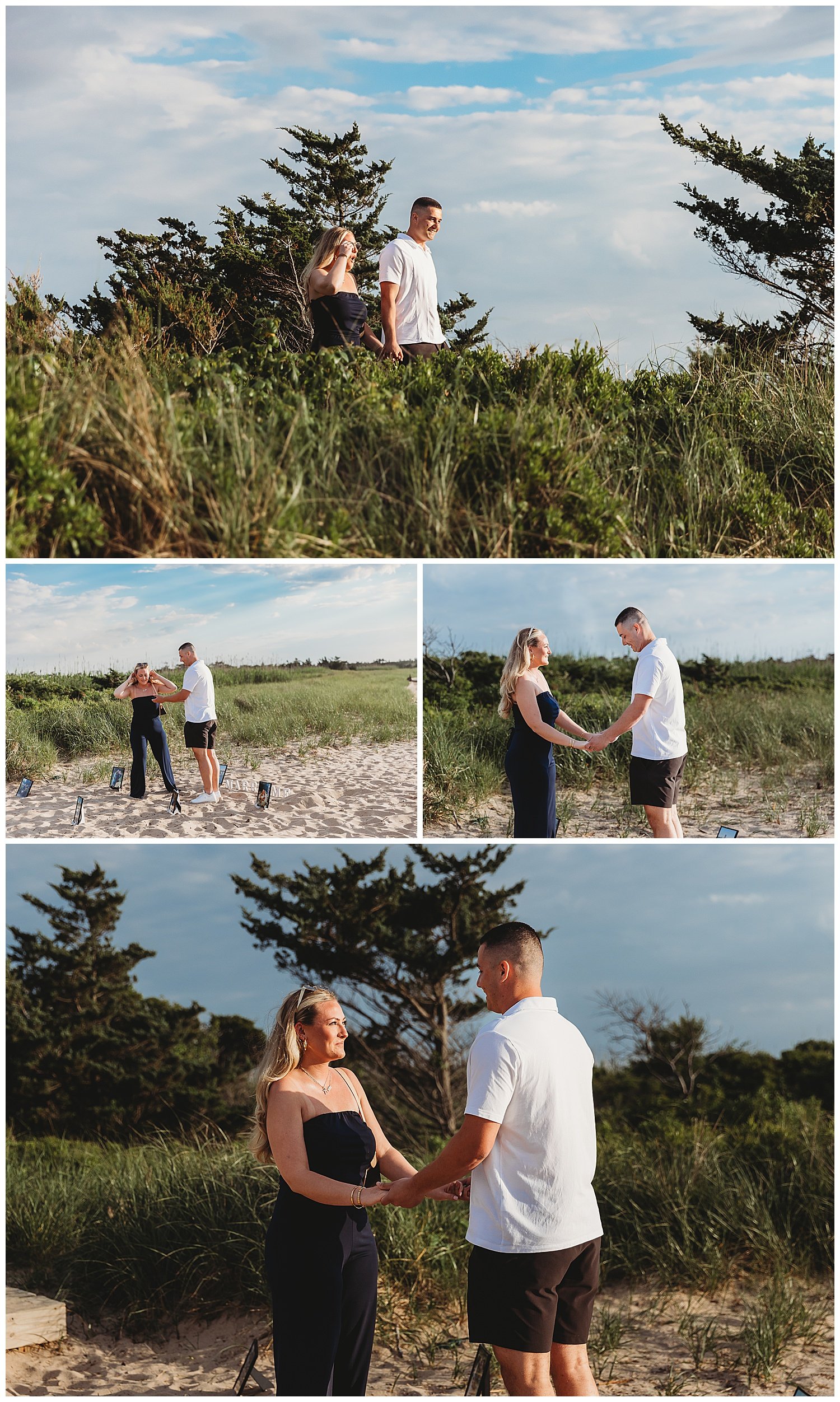 man on beach surprising girlfriend with a propsal marry me sign photos of couple beach