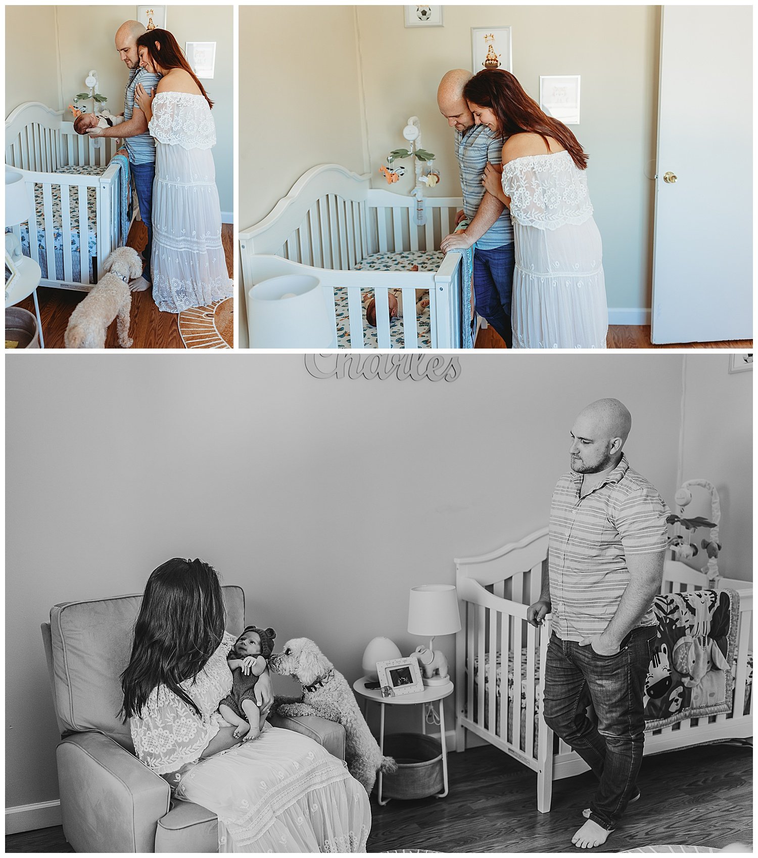 mother and father staring in a crib at a baby sleeping in the crib and dad lifting baby out of crib