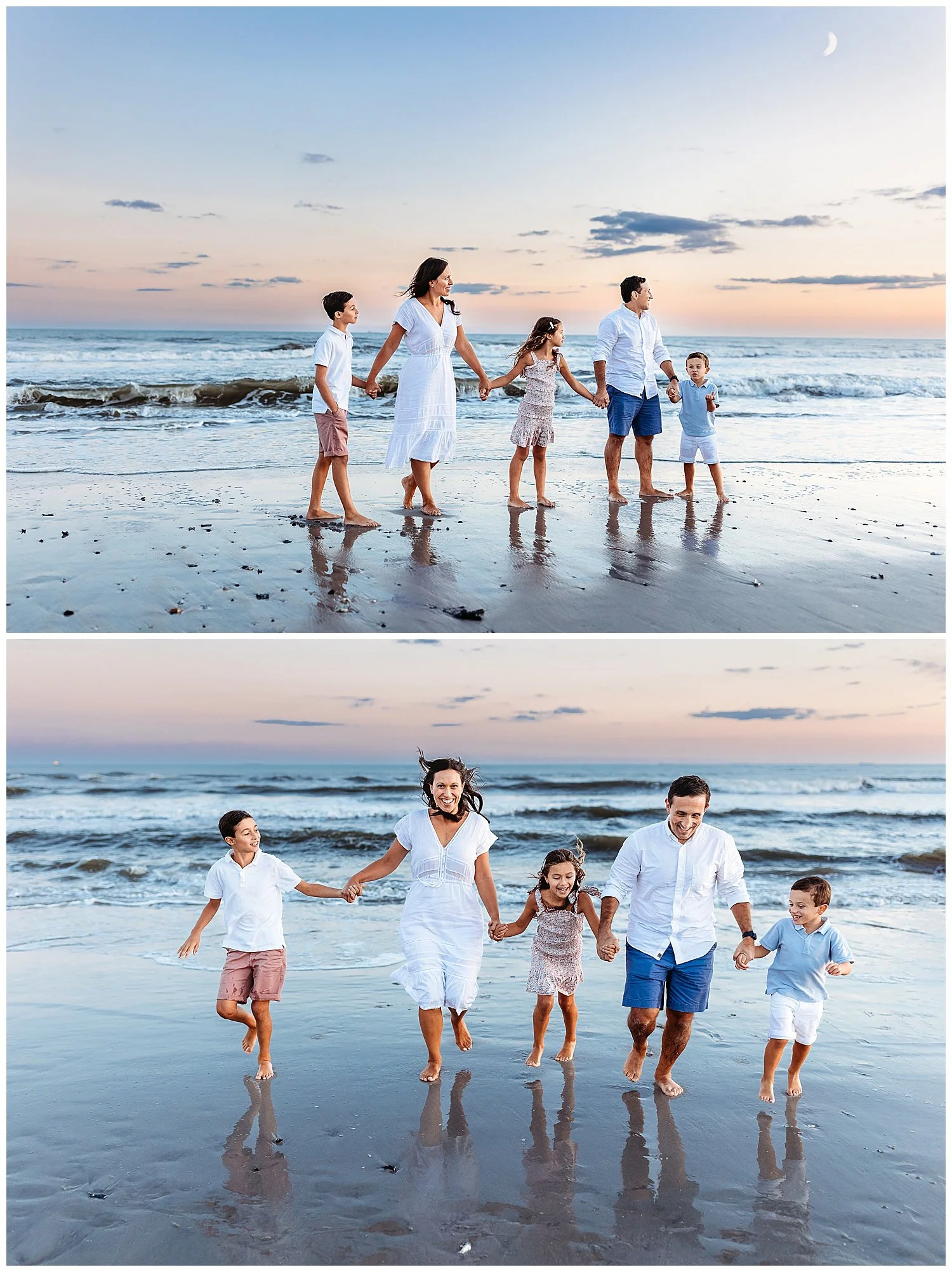 family walking single file along oceans edge and sky is blue and pink moon is in sky