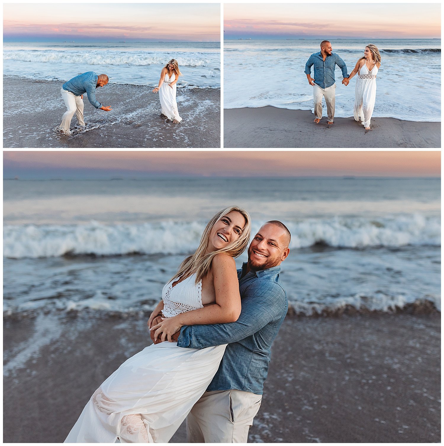 couple running out of the ocean with pink and blue sky behind them splashing water at each other laughing