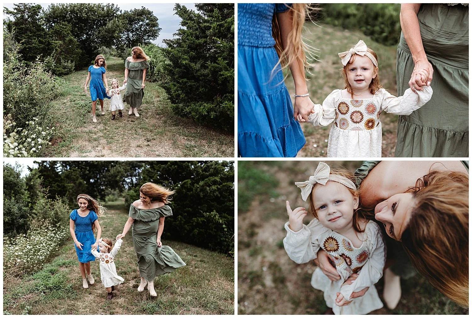 mother walking holding hands with her daughters on a grassy path