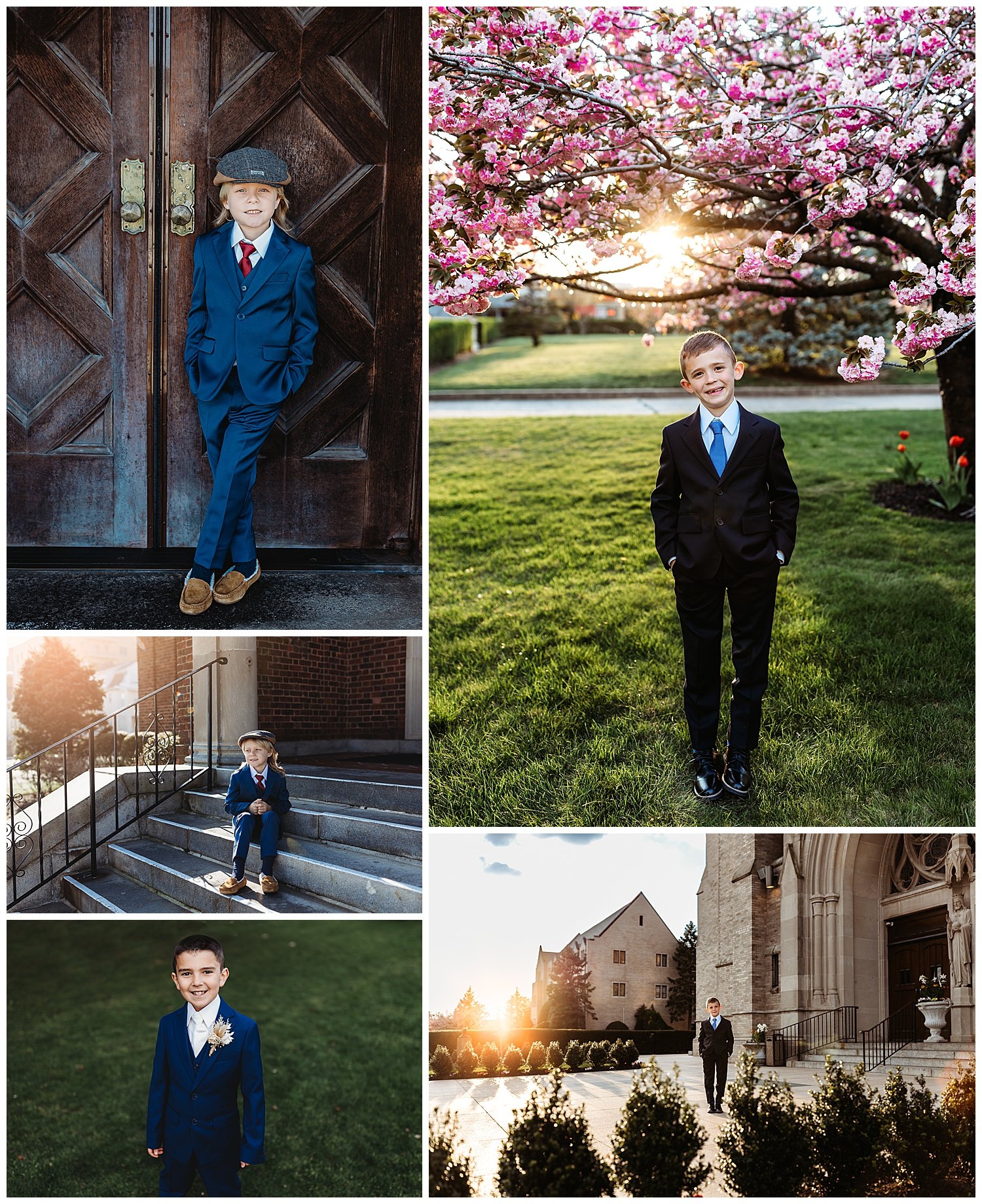 boys in blue suits under cherry blossom trees and in front of church for communion portraits