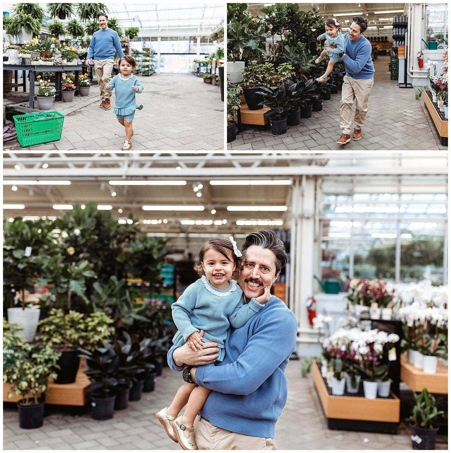 dad running with toddler girl in arms and laughing with her