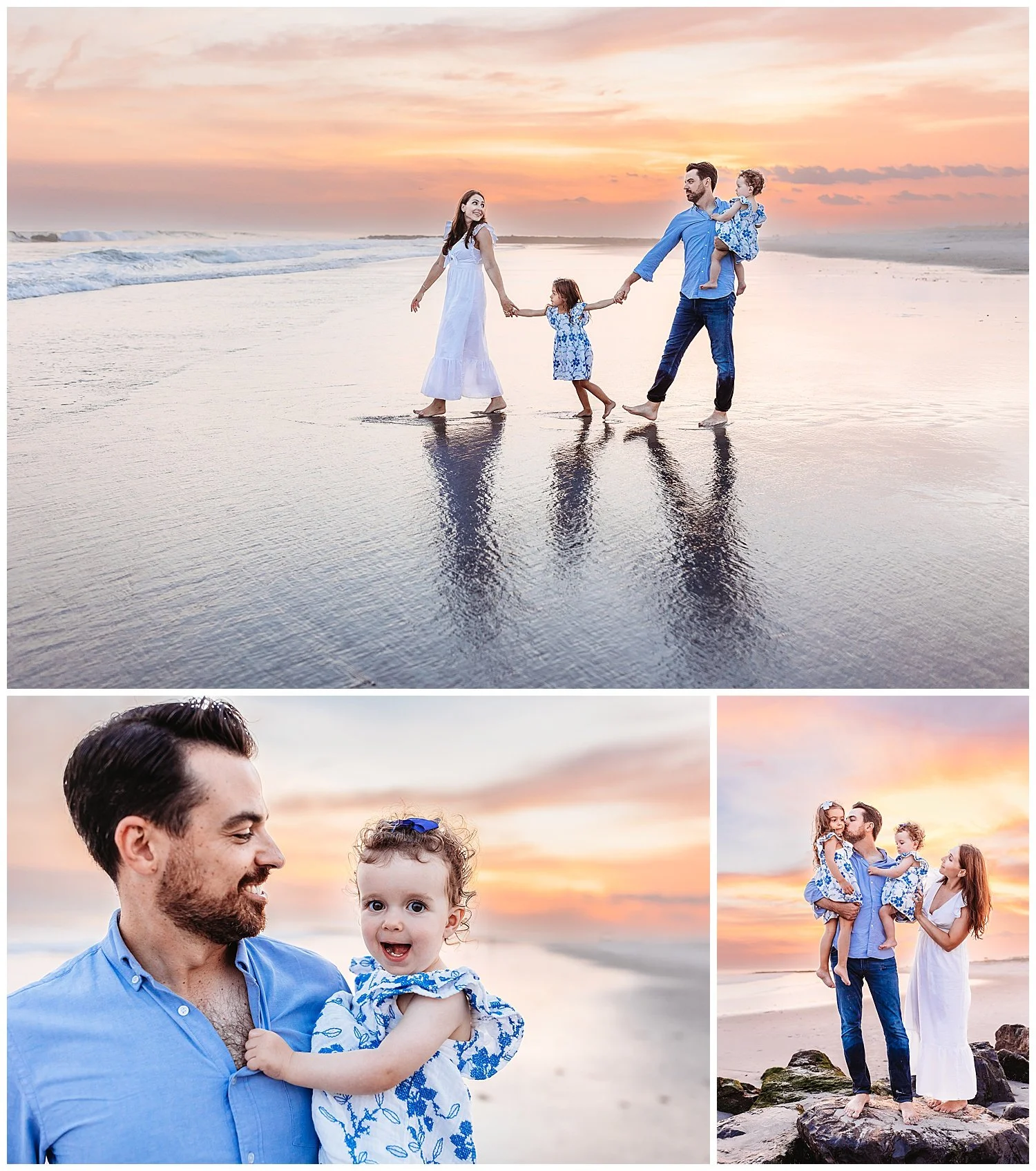 family walking single file along the ocean shore at sunset with a pink and orange sky