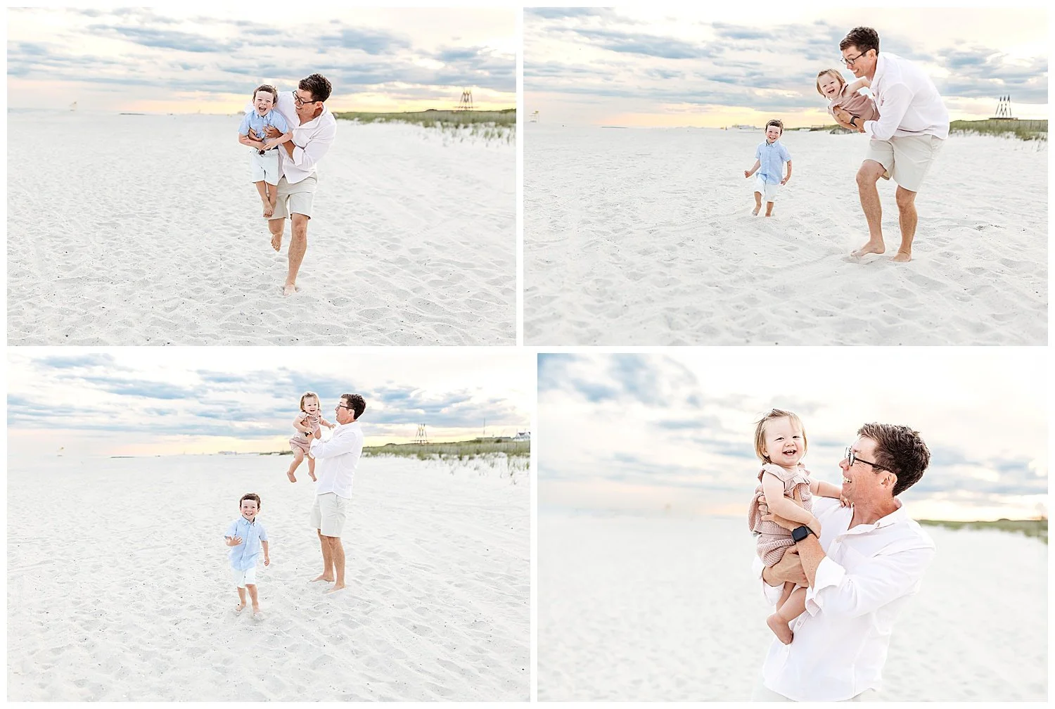 dad playing with toddler children on beach at sunset flying airplane with them and racing them laughing