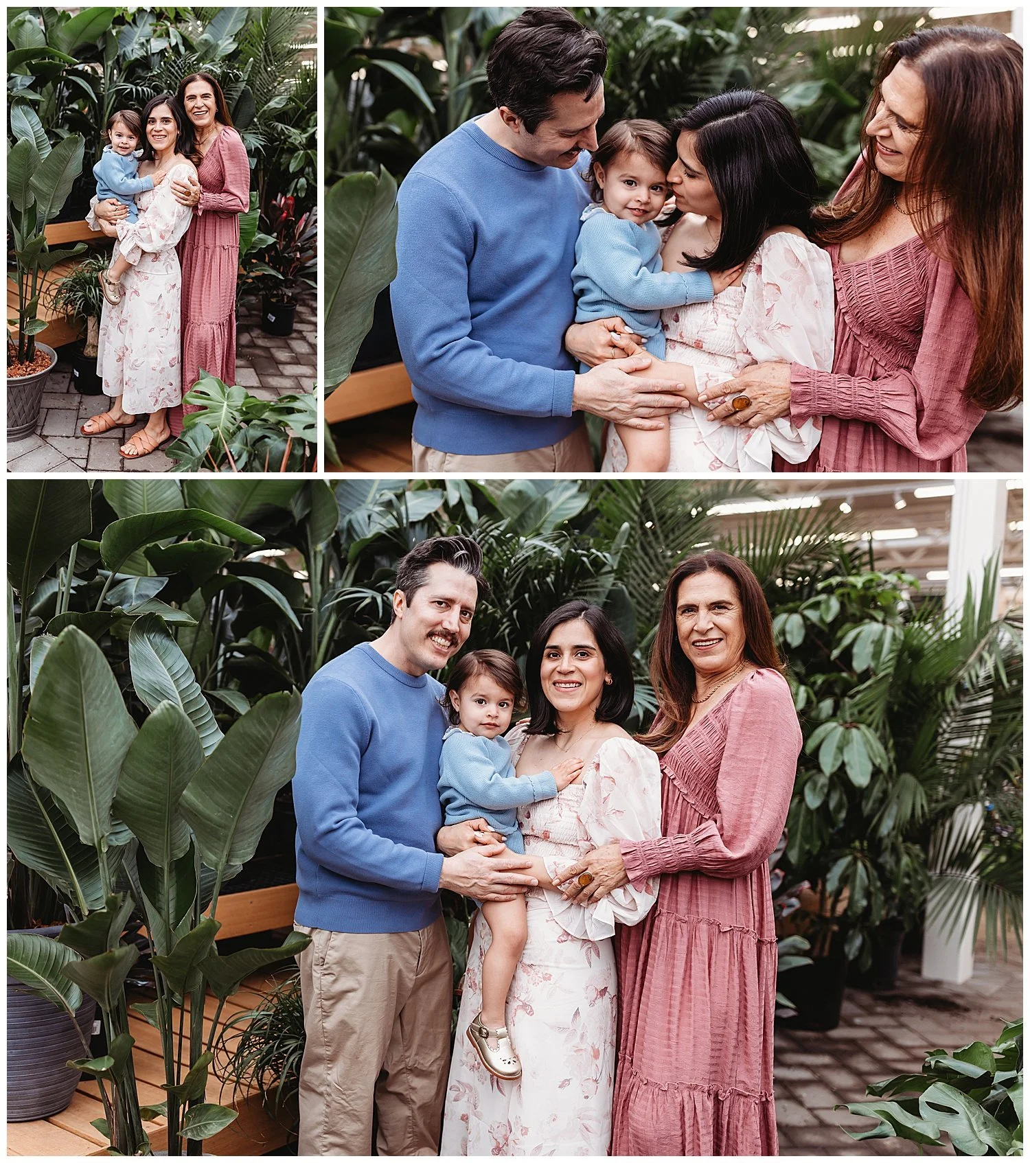 Spring family photos at a nursery greenhouse with mom dad grandma and toddler gilr dressed in pink and blue