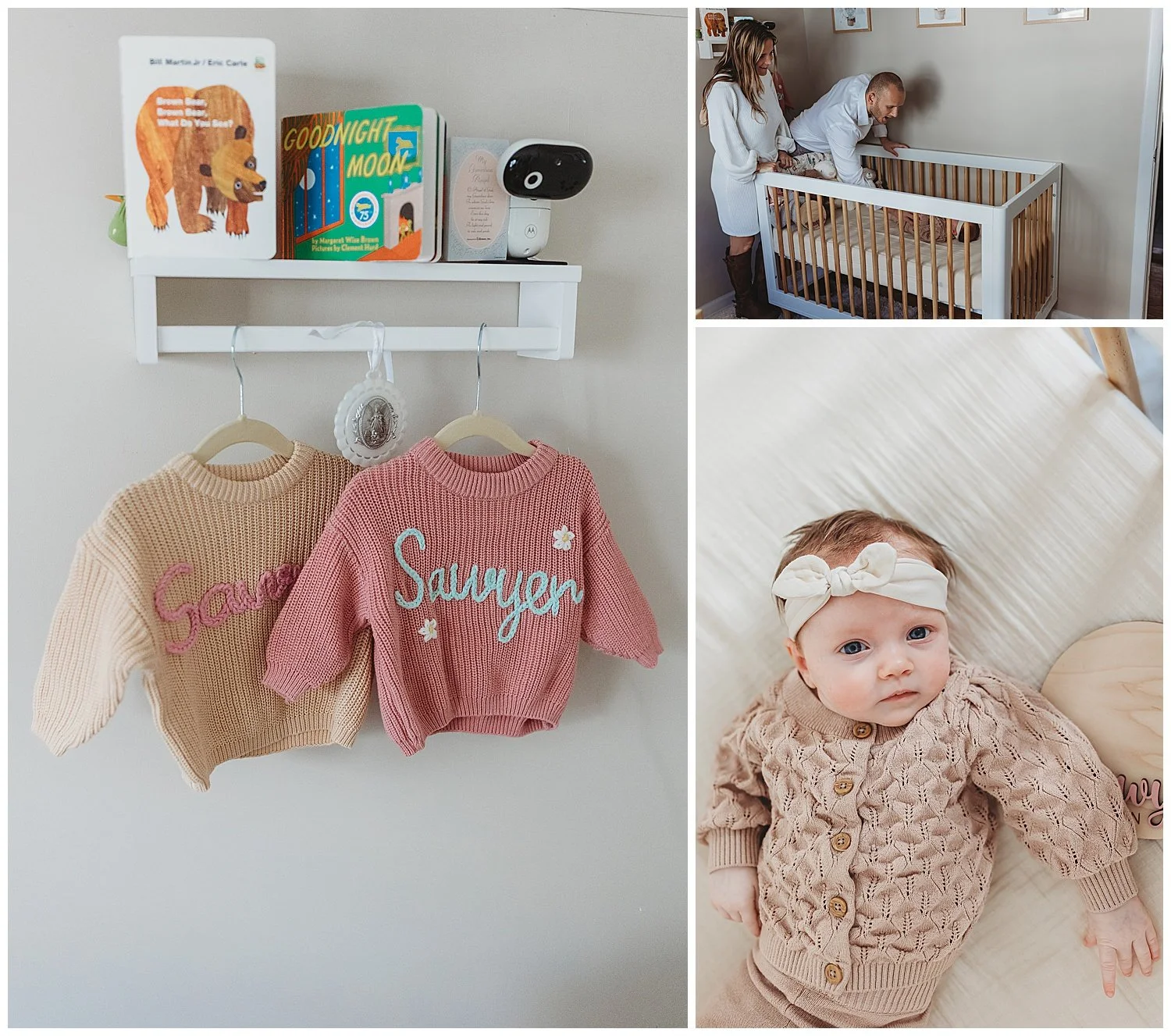 parents laying baby in a crib and close up of baby in the crib