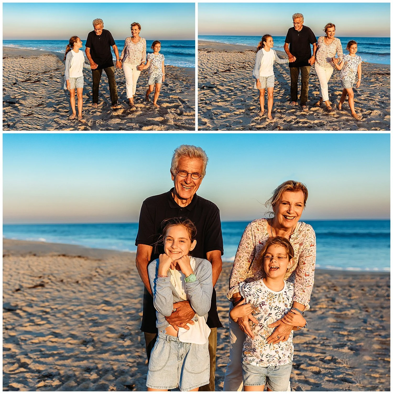 grandparents walking on the beach with granddaughters laughing