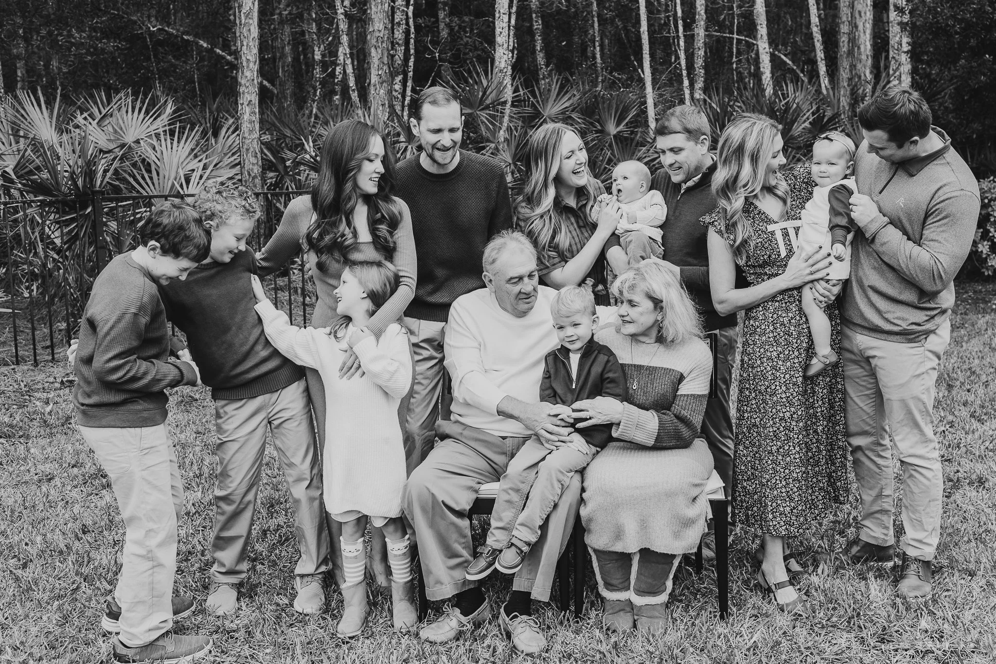 candid family portrait in black and white
