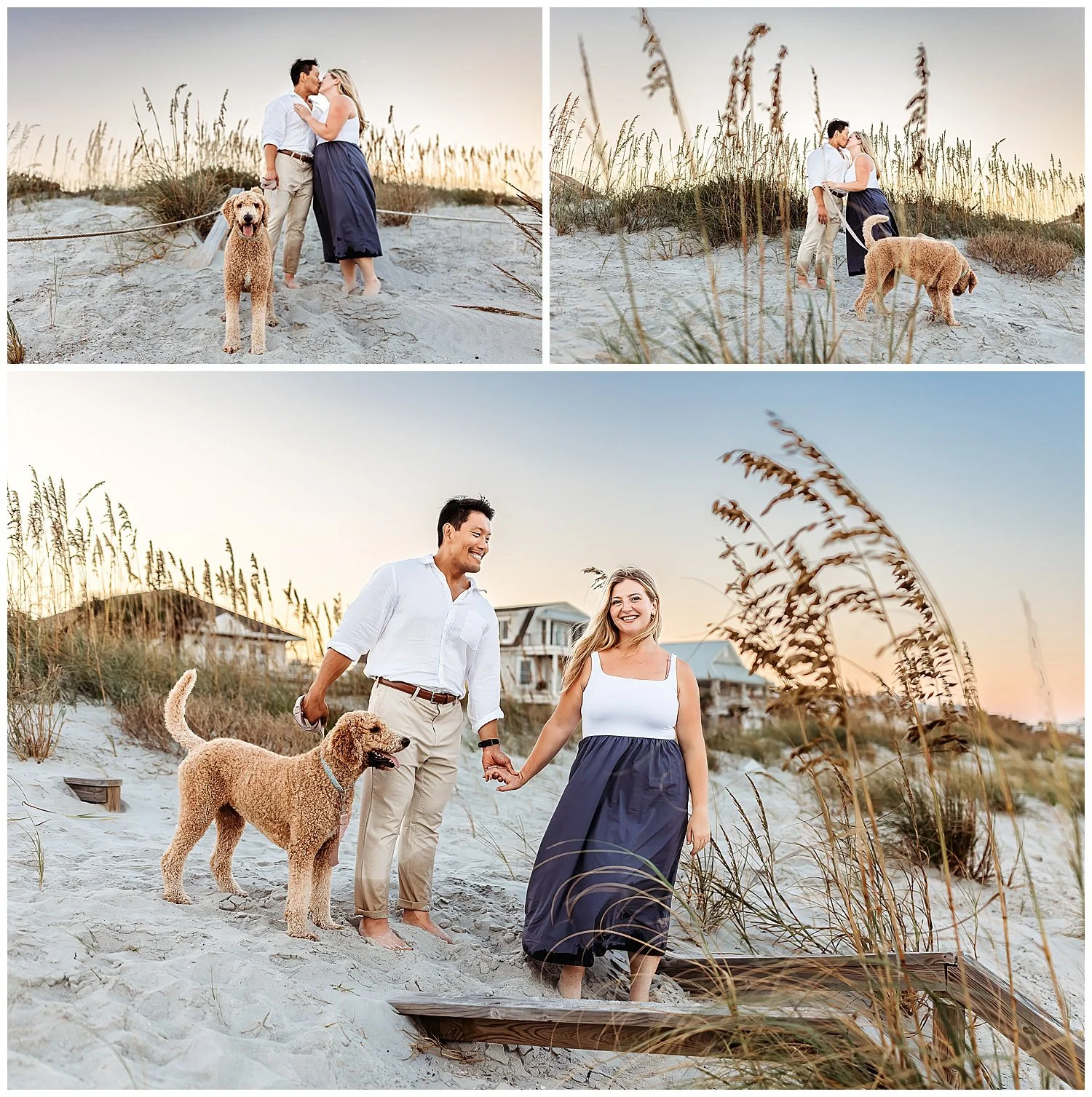 Newly engaged couple walking along the beach during an engagement portrait session in Jacksonville, Florida.