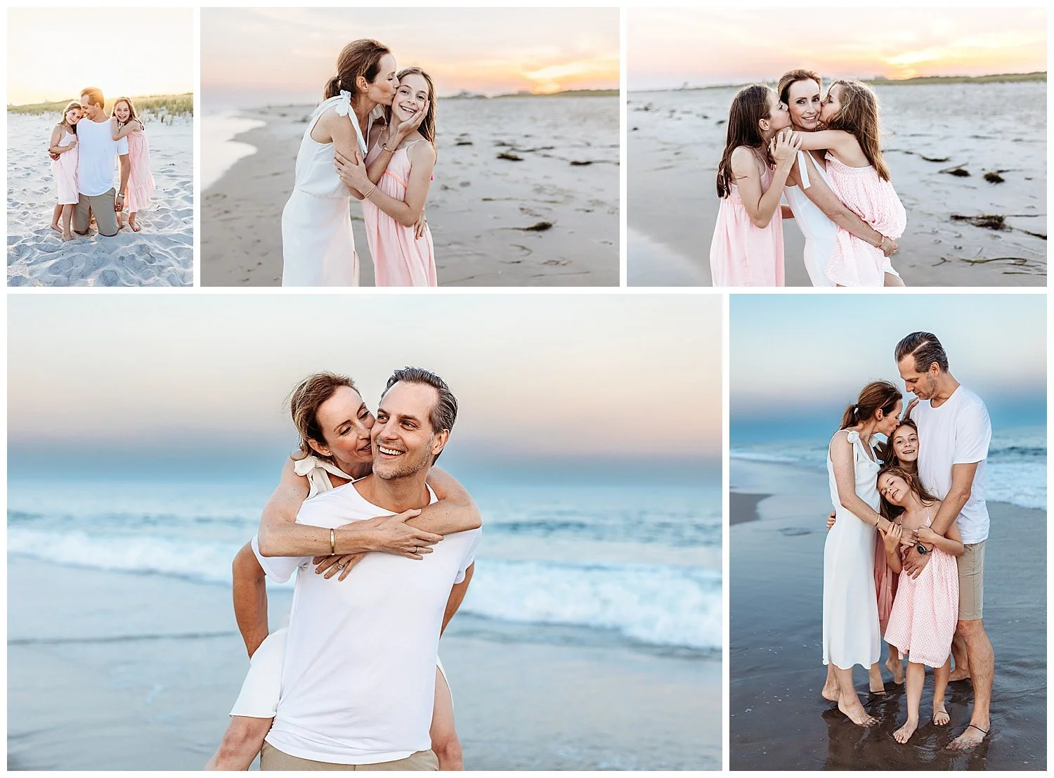 Family wearing white and pink on the beach and they are mebraced hugging and kissing in the ocean at sunset