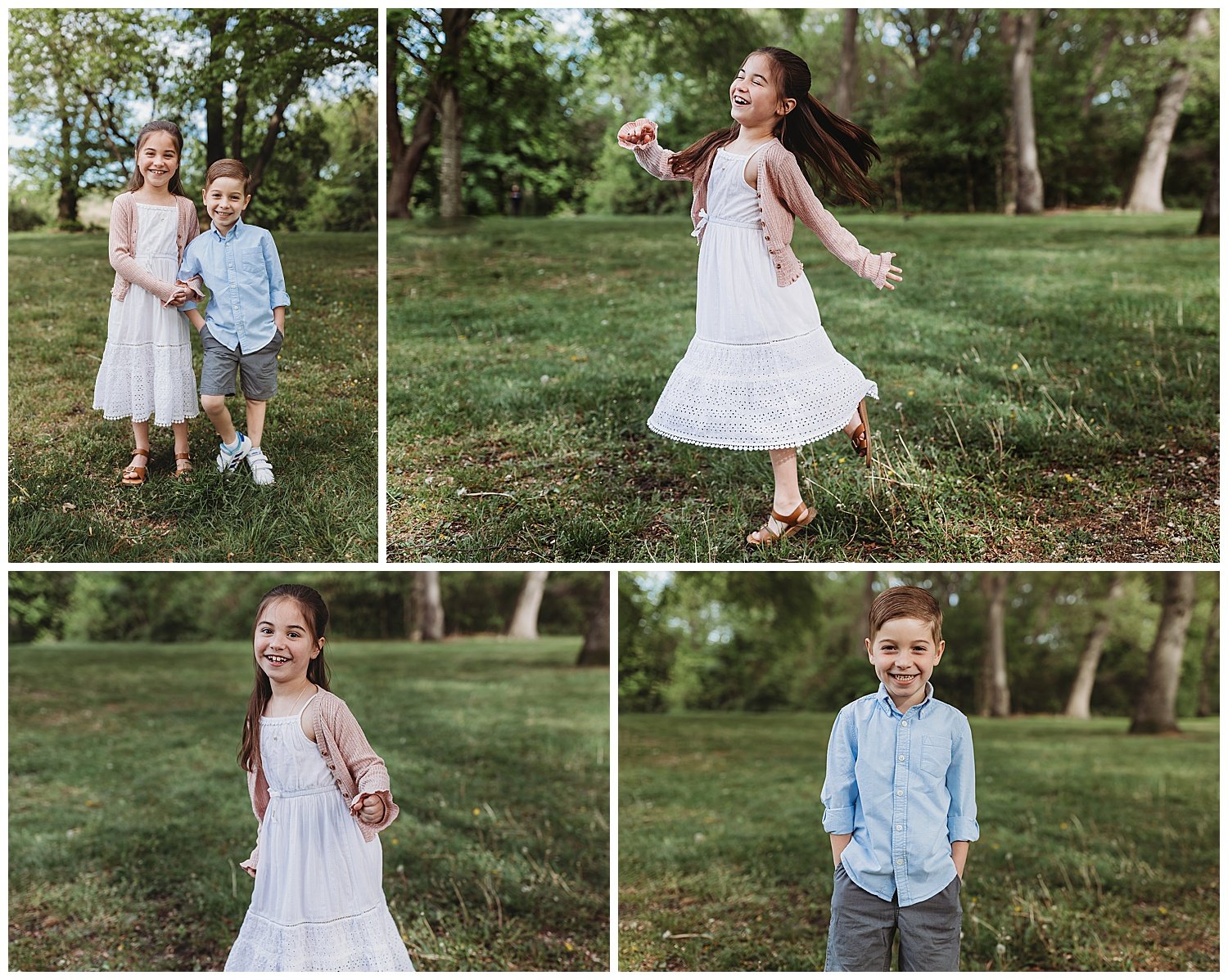 little girl in white dress twirling and laughing in the park during family portraits