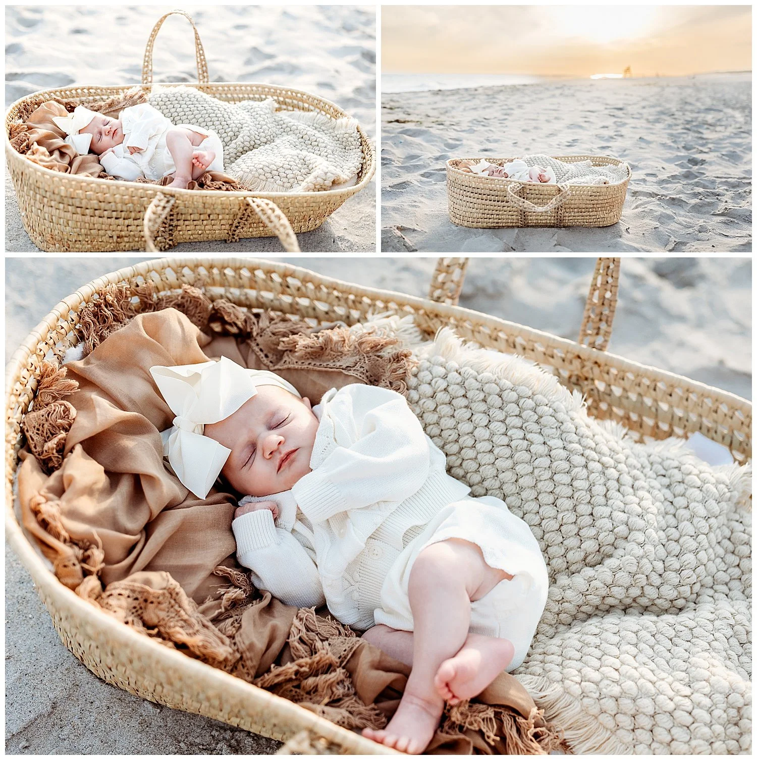 baby sleeping in wicker basket in Target knit outfit ont he beach at sunset with golden sunset glowing behind her