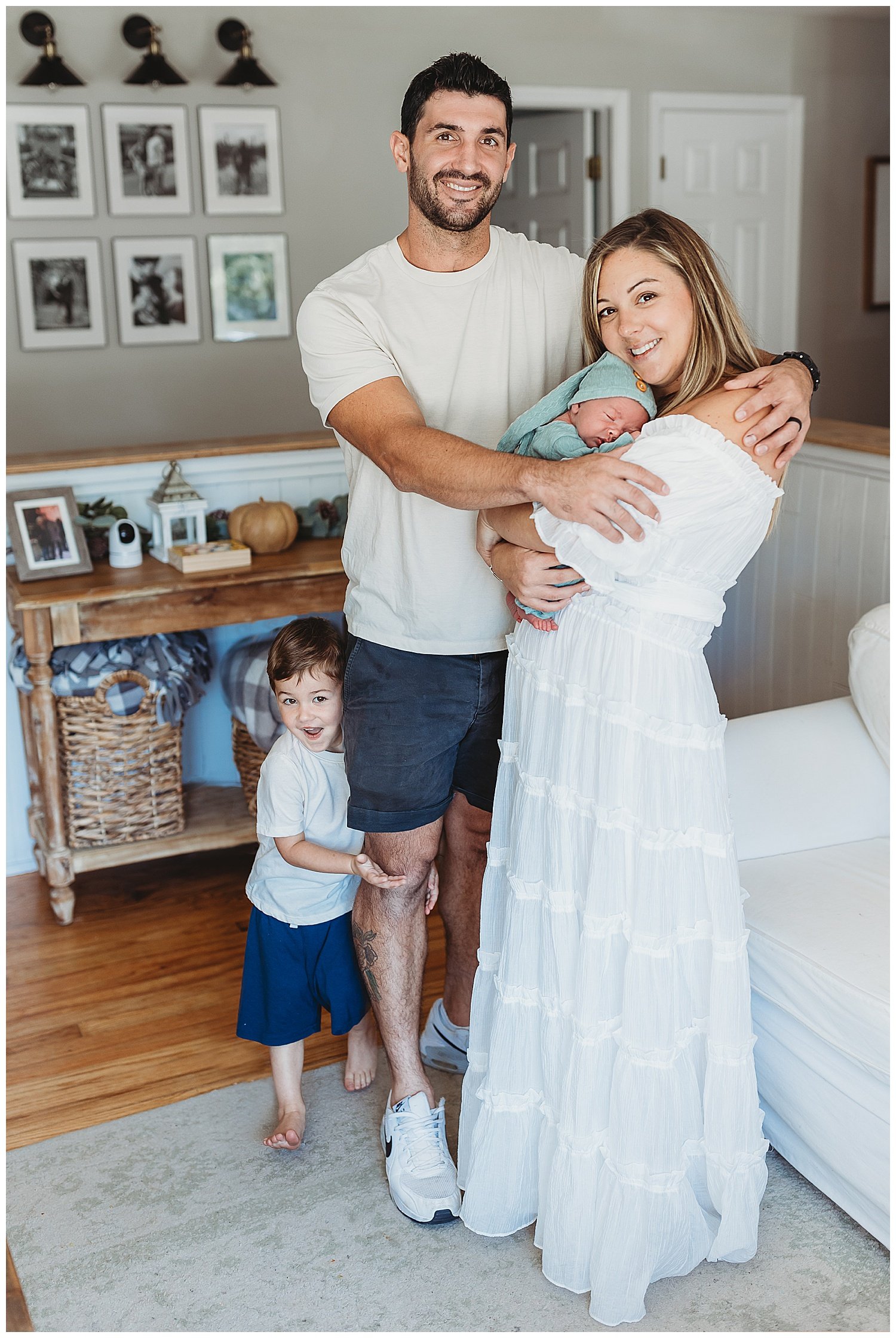 family portrait in farmhouse living room