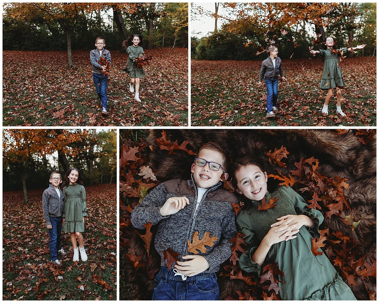 siblings in olive and grey playing in a pile of leaves with leaves all over the ground and laughing