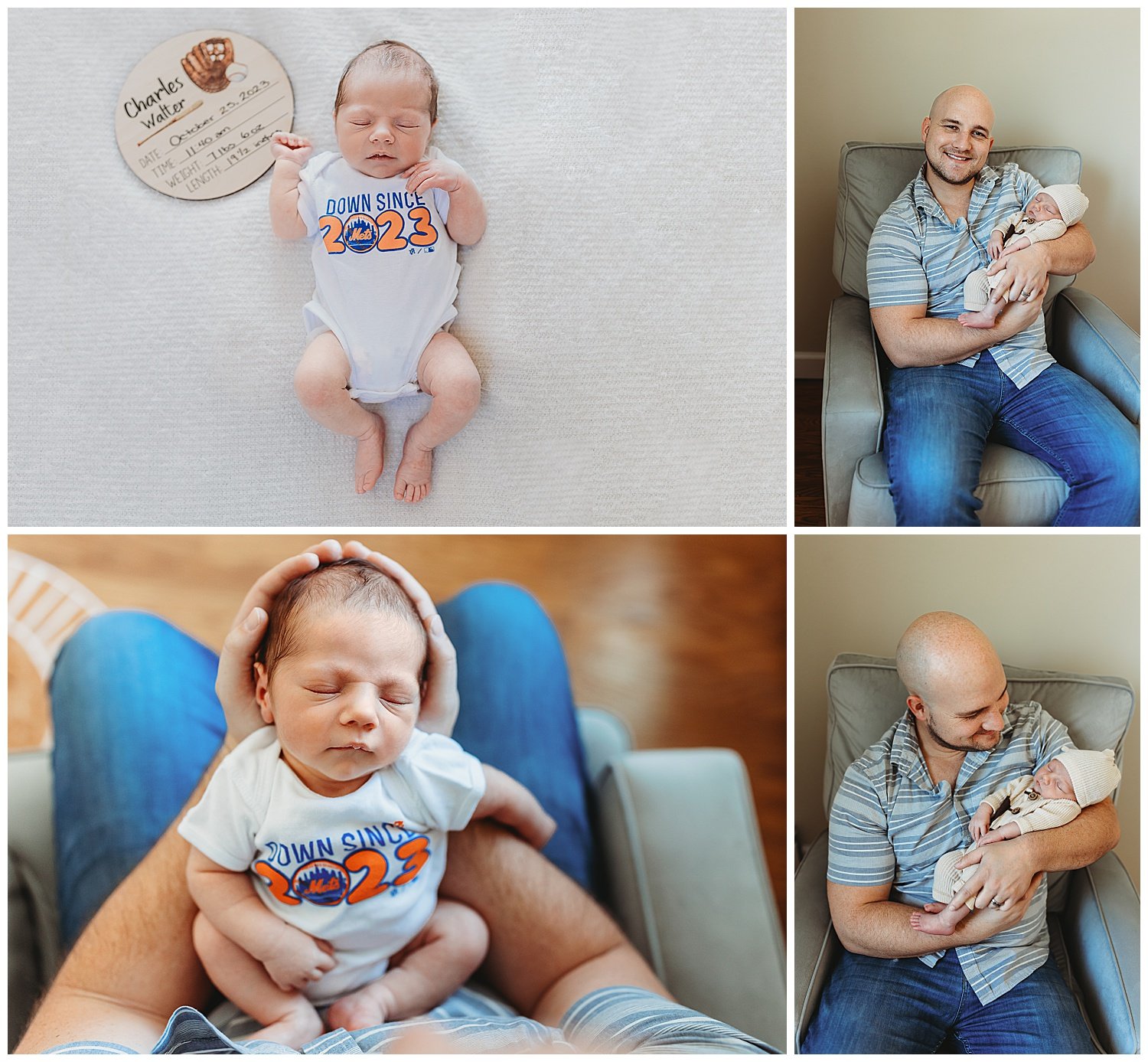 dad in striped blue shirt holding baby boy in tan jumper and hat close up of baby in dad's hands with mets shirt on