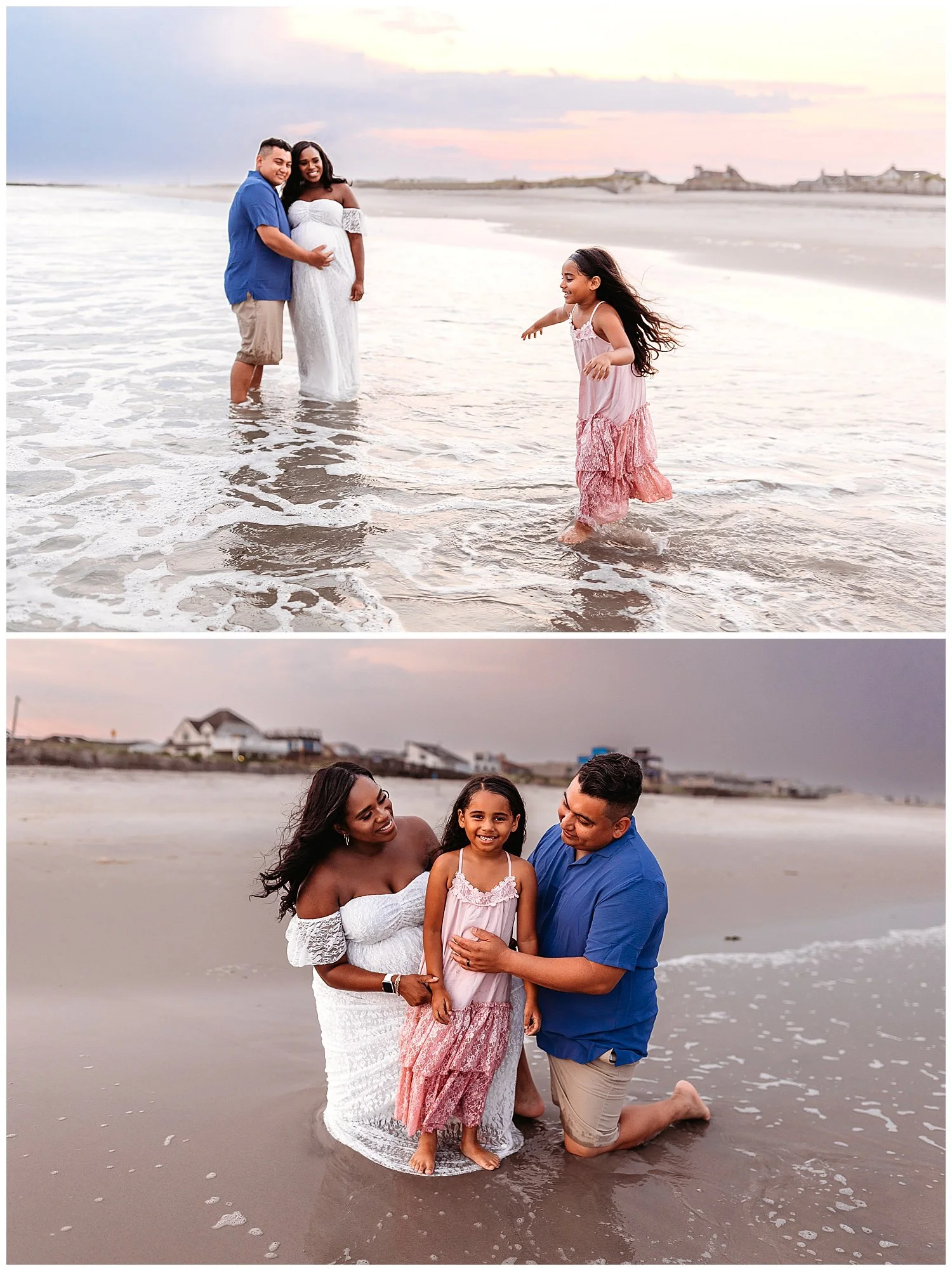 little girl in pink Joyfolie dress playin gin the ocean and laughing while her parents watch