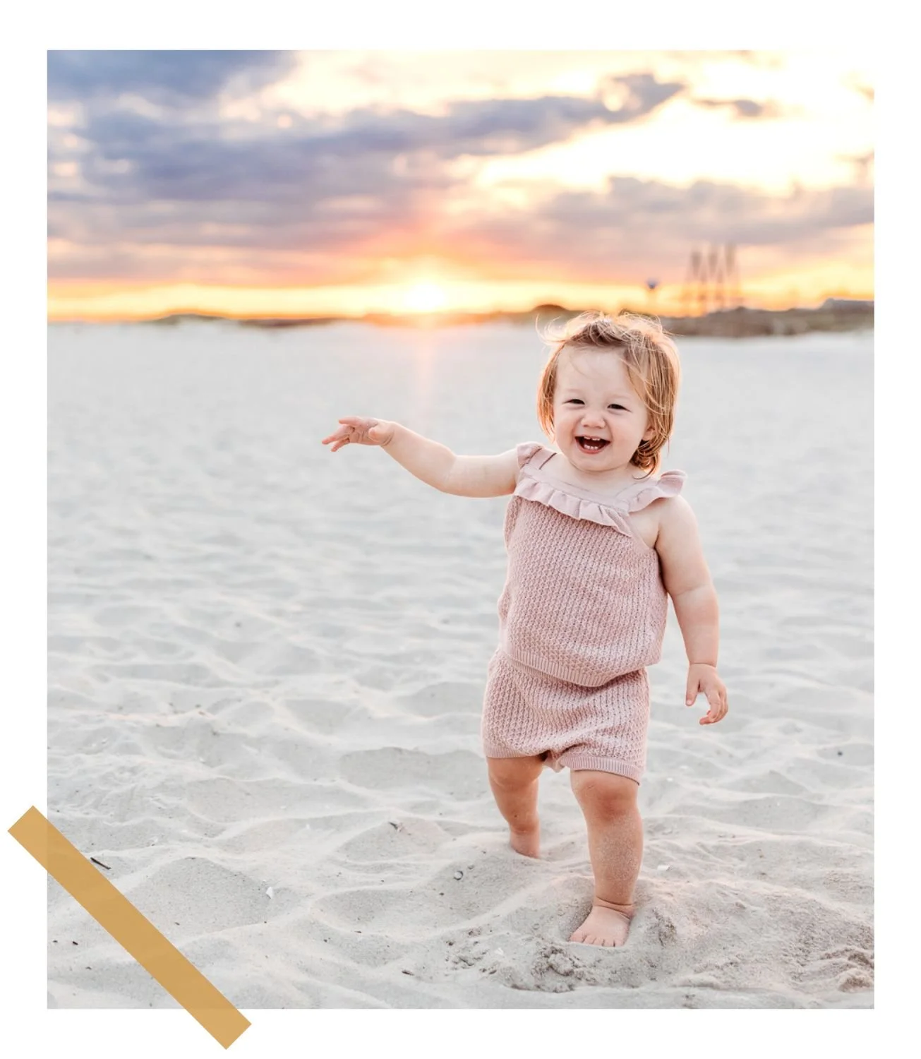 family photography, Baby girl in mauve walking on the beach at sunset laughing cotton candy pink sunset sky