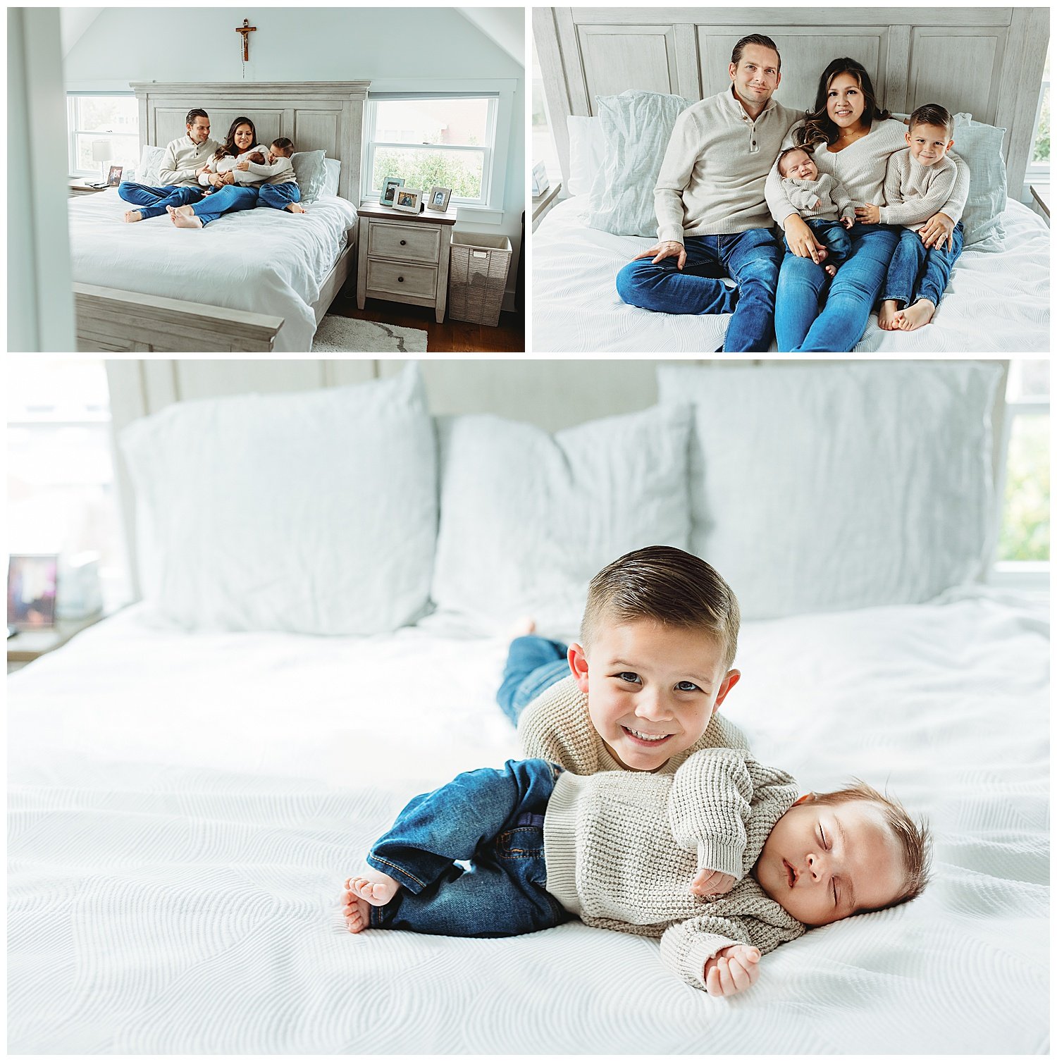 family cuddled up on a bed with newborn baby looking at baby