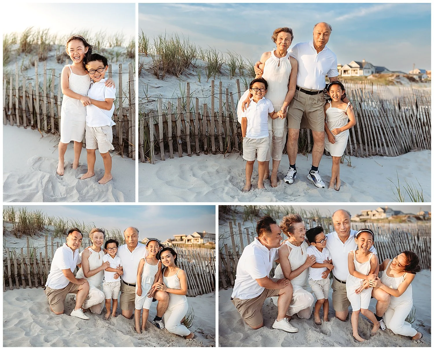 family in khaki and white in front of dune and golden sun on them