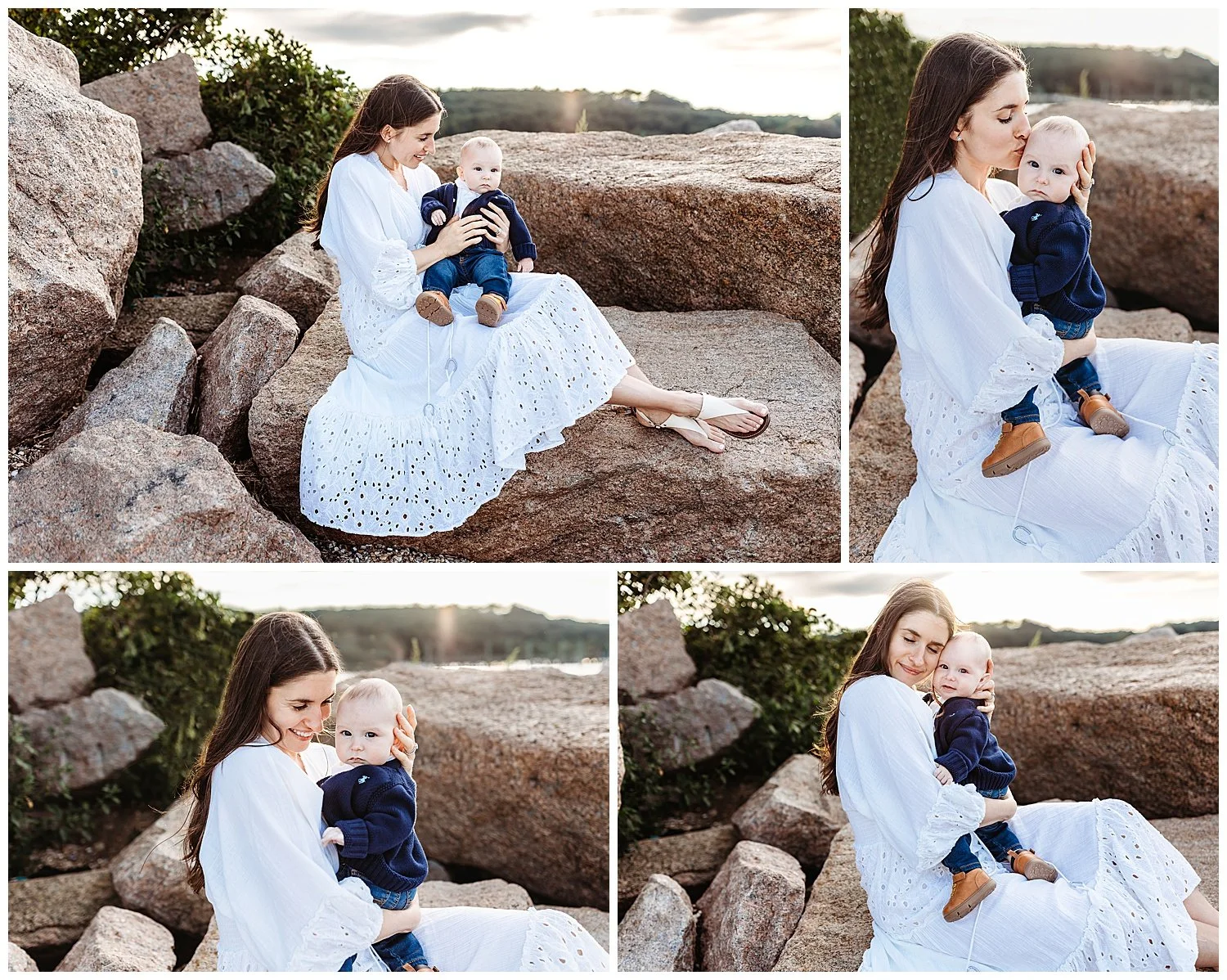 mother in white eyelet boho maxi dress embracing six month old boy on a jetty at sunset on a beach in Florida