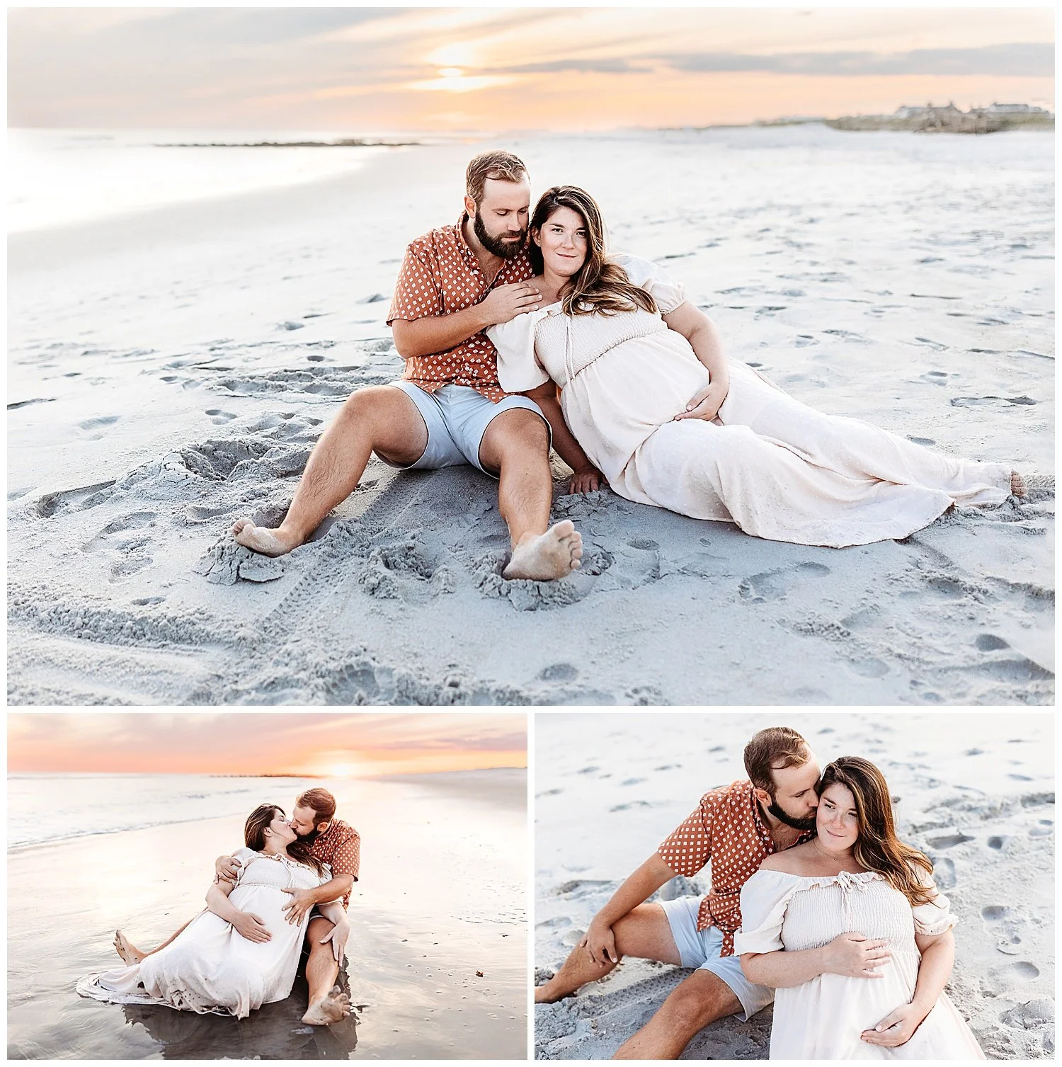 couple seated on the beach at sunset woman is pregnant and leaning into husband holding belly sunset