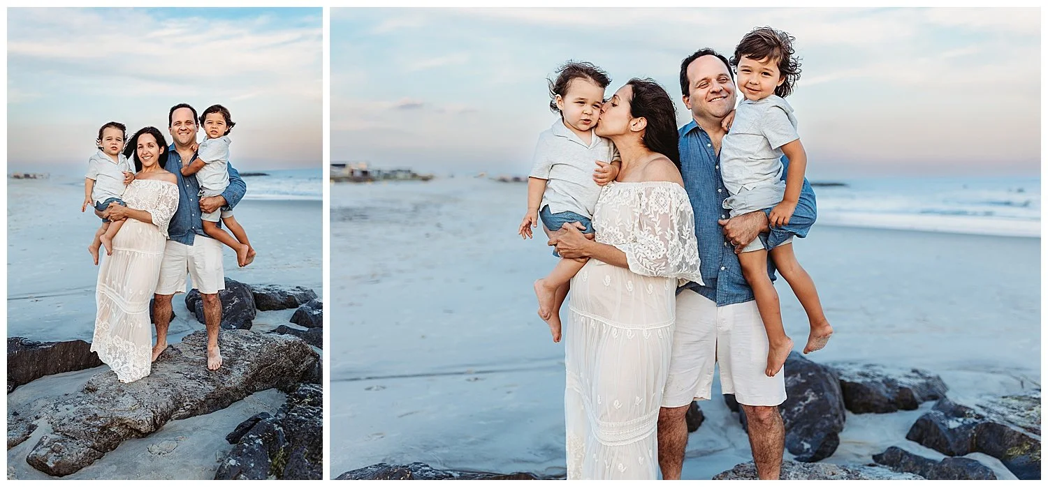 Family maternity photos on the beach with parents and toddler expecting their second baby in Jacksonville, Florida.