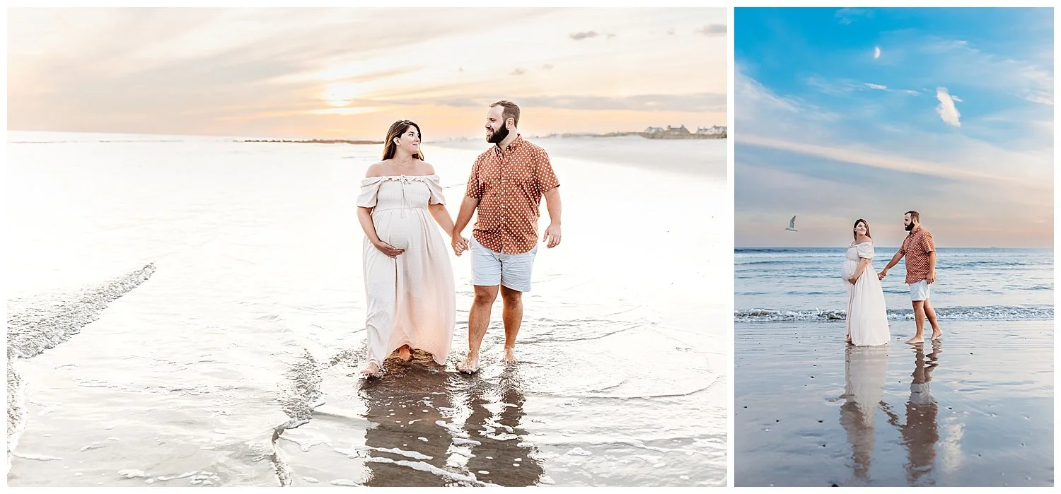 couple walking single file woman is pregnant holding belly on the beach seagull flying and the moon looking at each other smiling