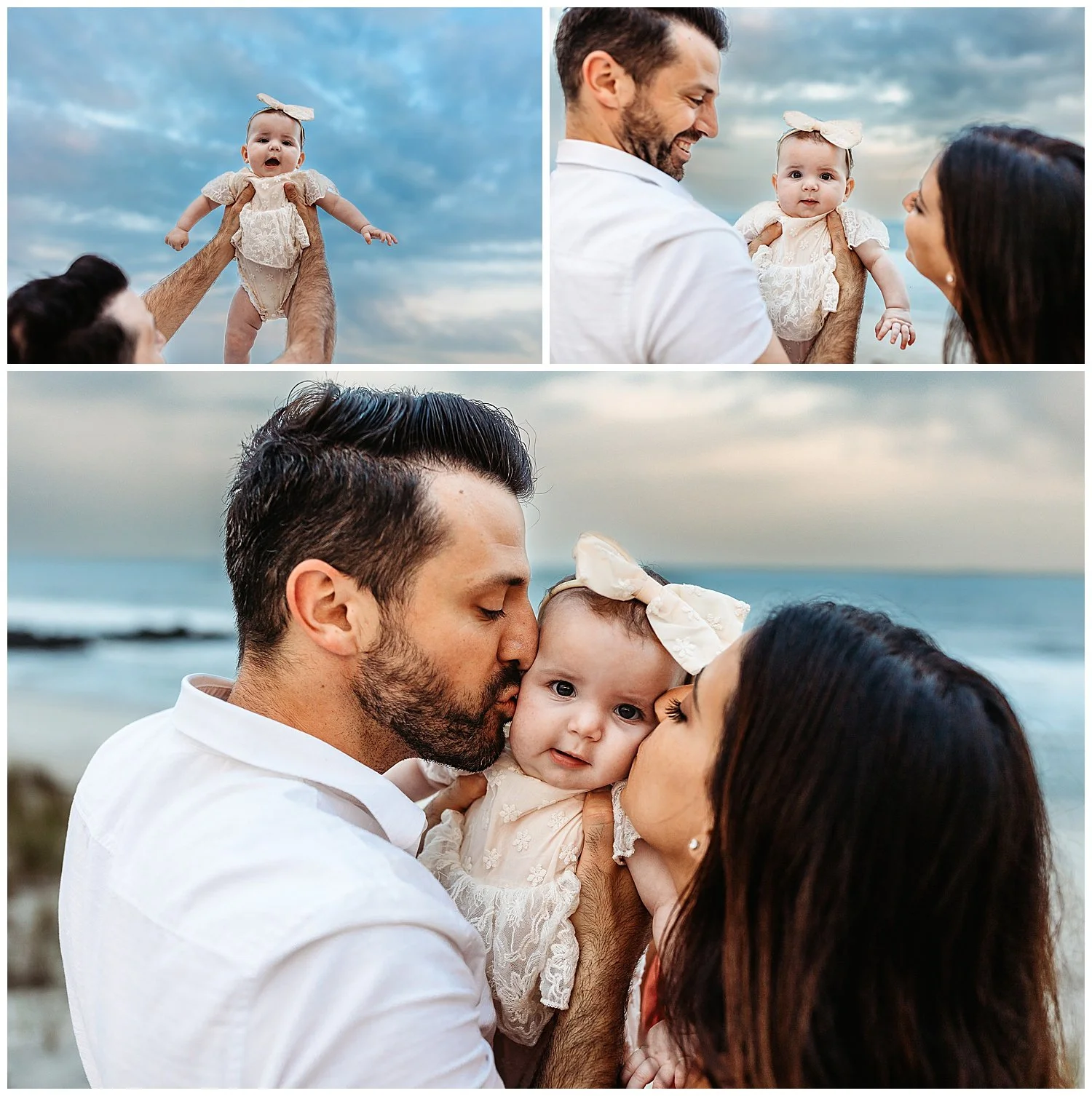 dad holding baby girl in sky with dark clouds around her