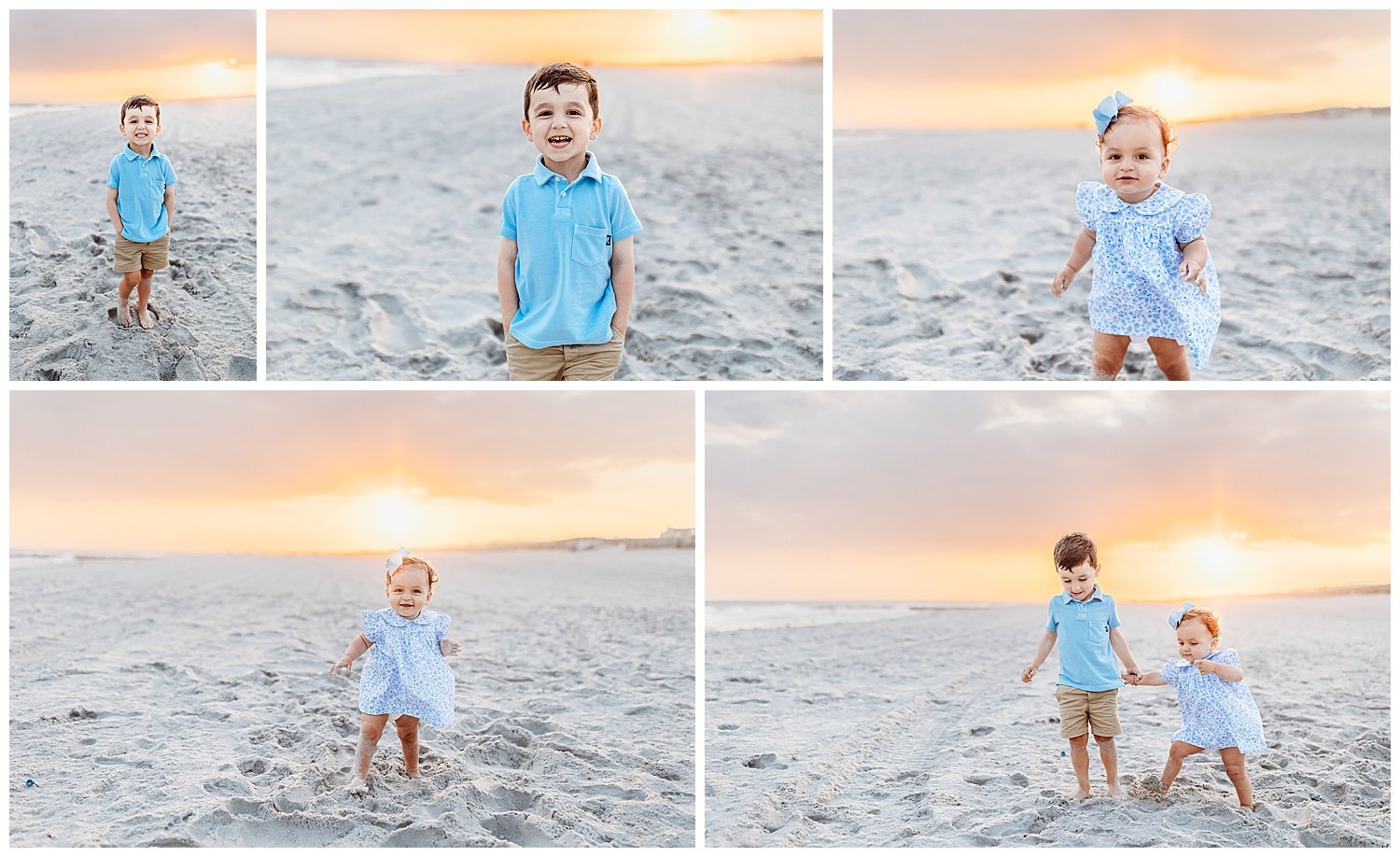 portraits of toddler boy in khaki shorts and baby blue polo on the bech with cotton candy sunset sky and baby girl in blue and white dress she is laughing